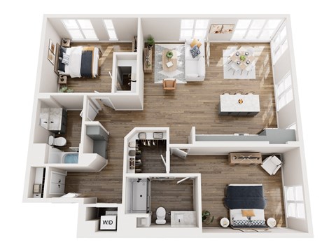 A top-down view of a well-organized apartment layout.